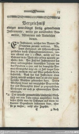 Verzeichniß einiger neuerdings fertig gewordenen Instrumente, welche zur ausübenden Geometrie, Astronomie und Naturlehre dienen