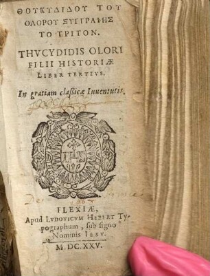 Thukydidu Tu Oloru Syngraphēs ... : In gratiam claßicæ Iuuentutis, To Triton = Liber Tertivs