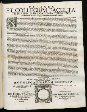 Decanus Et Collegium Facultatis Juridicae In Academia Tubingensi, multam salutem Benevolis Lectoribus, honorificè compellando singulos, dicunt