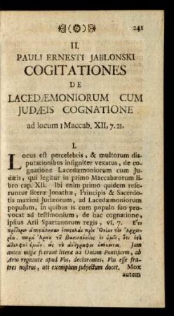 II. Pauli Ernesti Jablonski Cogitationes De Lacedaemoniorum Cum Judaeis Cognatione ...