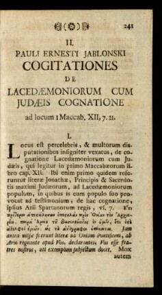 II. Pauli Ernesti Jablonski Cogitationes De Lacedaemoniorum Cum Judaeis Cognatione ...