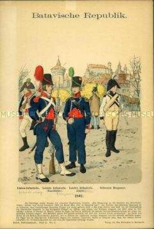 Uniformdarstellung, Gemeiner, Karabinier und Jäger verschiedener Infanterie-Regimenter, Gemeiner des Schweren Dragoner-Regiments, Batavische Republik, 1801.