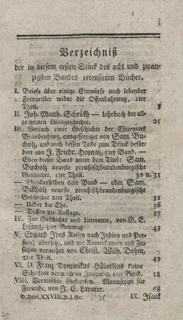 Verzeichniß der in diesem ersten Stück des acht und zwanzigsten Bandes recensirten Bücher.