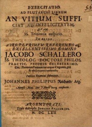Exercitatio ad Plutarchi librum: An vitium sufficiat ad infelicitatem