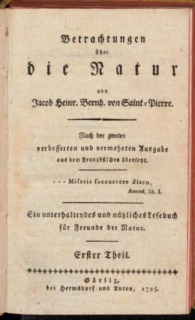 Erster Theil: Betrachtungen über die Natur. Erster Theil