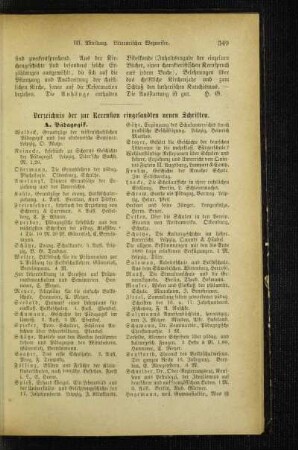 Verzeichnis der zur Recension eingesandten neuen Schriften
