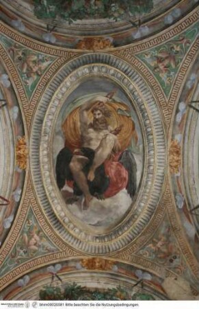 Aufwendige Scheinarchitektur mit Szenen aus der Geschichte des Herkules, Jupiter Tonans auf einem Adler Blitze schleudernd