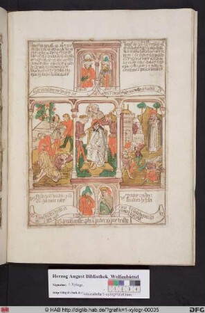 Drei biblische Szenen umgeben von vier Propheten. Links Verspottung Noahs, mittig Dornenkrönung Christi, rechts Elisa verflucht die spottenden Kinder.