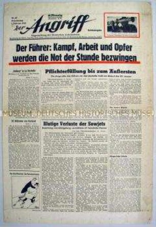 Tageszeitung "Der Angriff" u.a. zur Ansprache Hitlers anlässlich des Jahrestages der Regierungsübernahme am 31. Januar 1933