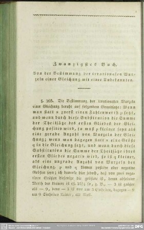Zwanzigstes Buch. Von der Bestimmung der irrationalen Wurzeln einer Gleichung mit eiener Unbekannten