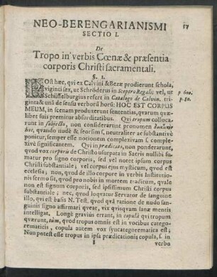 Neo-Berengarianismi Sectio I. De Tropo in verbis Coenae & praesentia corporis Christi sacramentali.