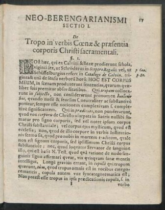 Neo-Berengarianismi Sectio I. De Tropo in verbis Coenae & praesentia corporis Christi sacramentali.