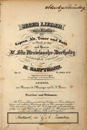 Sechs Lieder von Goethe für Sopran, Alt, Tenor und Bass : Op. 25