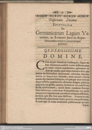Dissertatio Decima. Epistolica De Germanicarum Legum Veterum, ac Romani Juris in Republica nostra origine, autoritateque praesenti