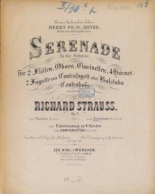 Serenade : (Es-Dur, Andante) für 2 Flöten, Oboen, Clarinetten, 4 Hörner, 2 Fagotte u. Contrafagott oder Basstuba (Contrabass) ; op. 7