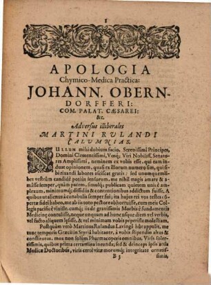 Apologia chymico-medica practica Johan Oberndorferi ... adversus illiberales Martini Rulandi Person. medici calumnias
