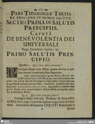 Pars Theologiae Tertia De Principiis Et Mediis Salutis. Sectio Prima De Salutis Principiis