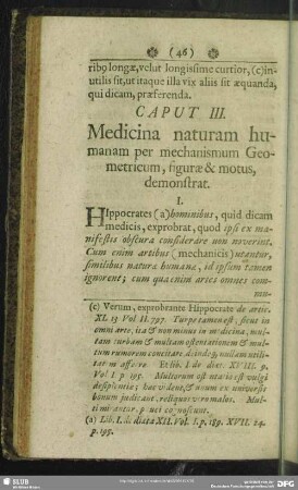 Caput III. Medicina naturam humanam per mechanismum Geometricum, figurae & motus, demonstrat