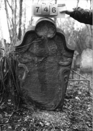 Grabstein 746 (Index: 99751616) Material: Sandstein Zustand: verwittert/fast völl. Textverlust Maße HxBxT: 142x67x12 cm Beschreibung: Stele, geschwungen eingezogener Rundbogenabschluß Symbolik: Ranken, Muschel, Schriftbänder: Grabstein 746