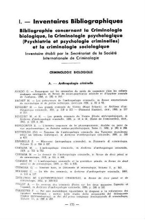 177-182, Bibliographie concernant la Criminologie biologique, la Criminologie psychologique (Psychiatrie et psychologie criminelles) et la criminologie sociologique