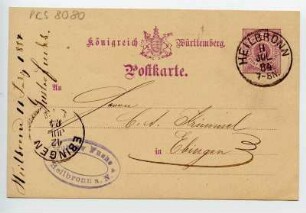 "Königreich Württemberg. Postkarte". Absender: Gustav Fuchs, Heilbronn. Empfänger: C.A. Krümmel, Ebingen. Heilbronner Poststempel