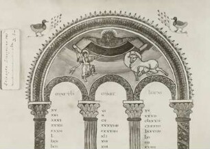Evangeliar aus Sankt Gumbert in Ansbach, fol. 5v: Kanontafel mit drei Evangelistensymbolen