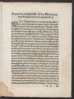 Copey des absagbrieffs/ so der Moscoviter dem Künig auß Polen zugeschickt.