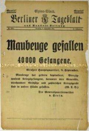 Extrablatt des "Berliner Tageblatt" zur Belagerung von Maubeuge