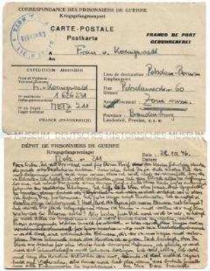Vordruck-Postkarte von Harald von Koenigswald aus dem Kriegsgefangenenlager Metz-Obreck an seine Frau u.a. zur Hoffnung auf seine baldige Entlassung - Familienkonvolut