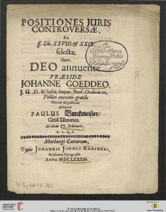 Positiones Juris Controversae, Ex ff. Lib. XXVIII. & XXIX. selectae