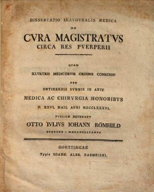 Dissertatio inauguralis medica De cura magistratus circa res puerperii