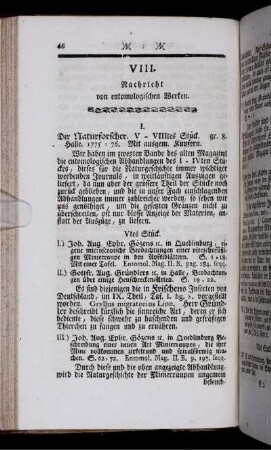 VIII. Nachricht von entomologischen Werken.