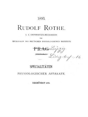 Specialitäten physiologischer Apparate: Preliminary catalog