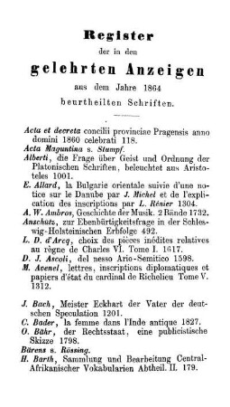 Register der in den gelehrten Anzeigen aus dem Jahre 1864 beurteilten Schriften.