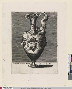[Aiguière à une seule anse qui est à droite, et qui représente un homme; Ewer with a Figure, Rinceaux and Dolphins; Vase mit einer Figur, Laubwerk und Delphinen]