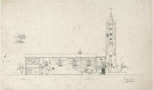 Gsaenger, Gustav; Dingolfing (Bayern), Reichenbergstr.; Ev. Kirche, Gemeindehaus und Pfarrhaus - Tekturplan u. 2. Bauabschnitt, Nordseite (Ansicht)