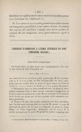 Concours d'admission al'École Centrale en 1892 (premiére session).