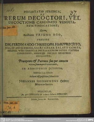 Dissertatio Iuridica De Rerum Decoctori, Vel Decoctionis Candidato Venditarum Vindicatione