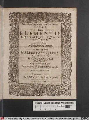 Disputationum Physicarum Sexta. De Elementis Eorumque Qualitatibus