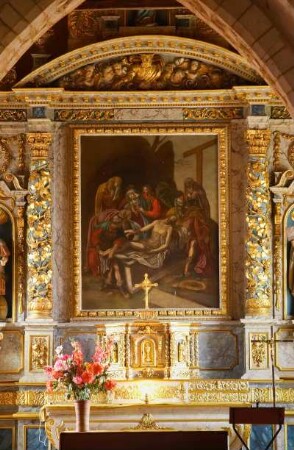 Frankreich. Haute Normandie. Eure. La Ferriere sur Risle. Eglise. Kirche. Altaraufsatz. 17 Jahrhundert. Bild Kreuzabnahme von Schueler Leonardo da Vinci