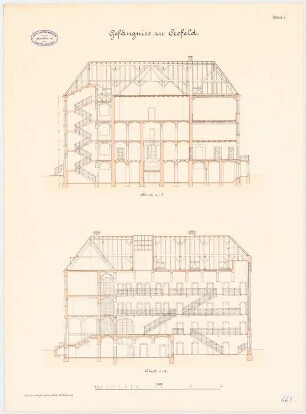 Amtsgerichtliche Neubauten (Amtsgerichts-), Krefeld Gefängnis: Längsschnitte 1:100