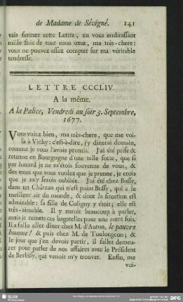 Lettre CCCLIV. A la même. A la Palice, Vendredi au soir 3. Septembre, 1677