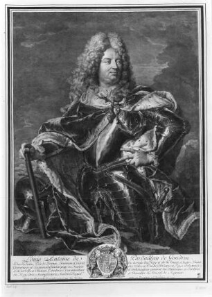 Bildnis Louis Antoine de Pardaillan de Gondrin, Herzog von Antin : Tardieu, Nicolas Henri nach Rigaud, Hyacinthe. Bildnis Louis Antoine de Pardaillan de Gondrin, Herzog von Antin (1665-1736; Hofmann, Intendent der Bauwerke u. a.). Kupferstich; 45,6 x 32,4 cm. 1720. Dresden: Kupferstich-Kabinett A 75 111 in A 684 a, b, 4. Singer 2896