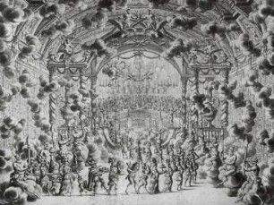Paris-Ballett. Saal des Jupiter, Götter-Bankett : Harms, Johann Oswald: Königlicher Saal des Jupiter mit Götter-Bankett. Bühnenbild Wolkensaal mit Satyrn und defilierenden Speisenträgern mit Schauessen, "Erste Action" zu "Opera-Ballet Von dem Judicio Paridis, Und der Helenae Raub." Szenenbild wohl zu den Wiederaufführungen 1679. Feder, Tusche, laviert; 367 x 480 mm. Dresden: SLUB Mscr.Dresd.B.70