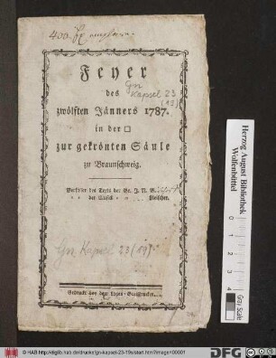 Feyer des zwölten Jänners 1787. in der zur gekrönten Säule zu Braunschweig