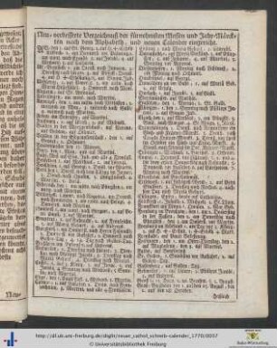 Neu-verbesserte Verzeichnuß der fürnehmsten Messen und Jahr-Märckten nach dem Alphabet.