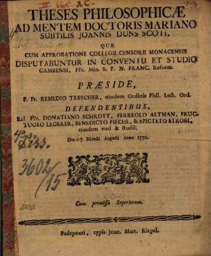 Theses philosophicae ad mentem Doctoris Subt. Ioannis Duns Scoti