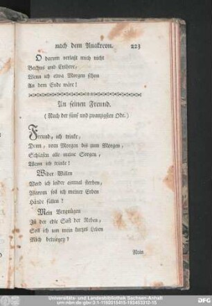 An seinen Freund. (Nach der fünf und zwanzigsten Ode.)