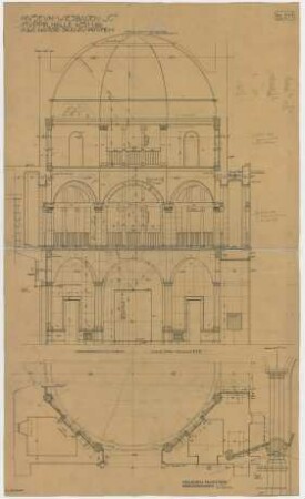 Fischer, Theodor; Wiesbaden; Museum - Kuppelhalle (Grundriss EG, Grundriss 1. OG u. 2. OG, Schnitt, Detail)
