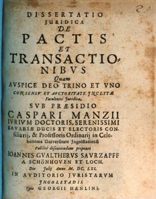 Dissertatio Iuridica De Pactis Et Transactionibus